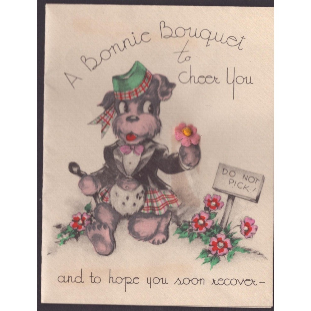 Vintage Get Well Card Scottish Dog Kilt Fabric Flower 4.3 x 5.7 Made in USA
